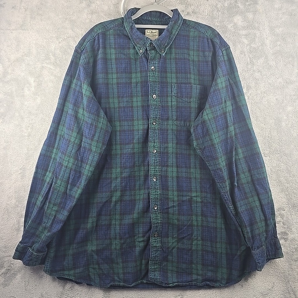 LL Bean Flannel Shirt Men 2XLT Blue Green Black Watch Plaid‎ Tartan 228066